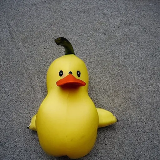 Prompt: a banana in the shape of a duck. A duck in the shape of a banana. Banana duck. Banana with duck face.