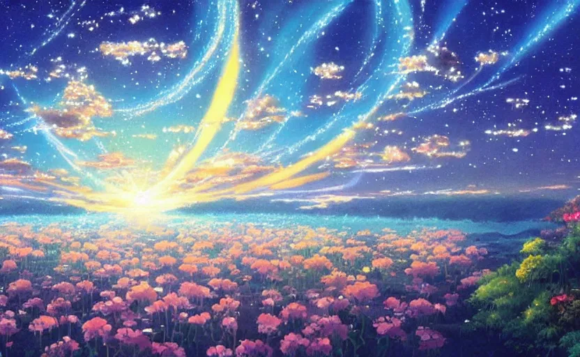 Prompt: A painting named A river of light that leads to God in colaboration with Studio Ghibli,