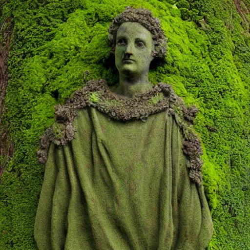 Prompt: photo of a statue covered in moss