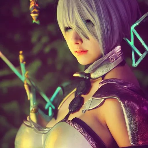 Prompt: a closeup photorealistic capture of 2 b nier auomata cosplay. tiki theme. bright scene. fine detail. this 4 k hd image is trending on artstation, featured on behance, well - rendered, extra crisp, features intricate detail, epic composition and the style of unreal engine.