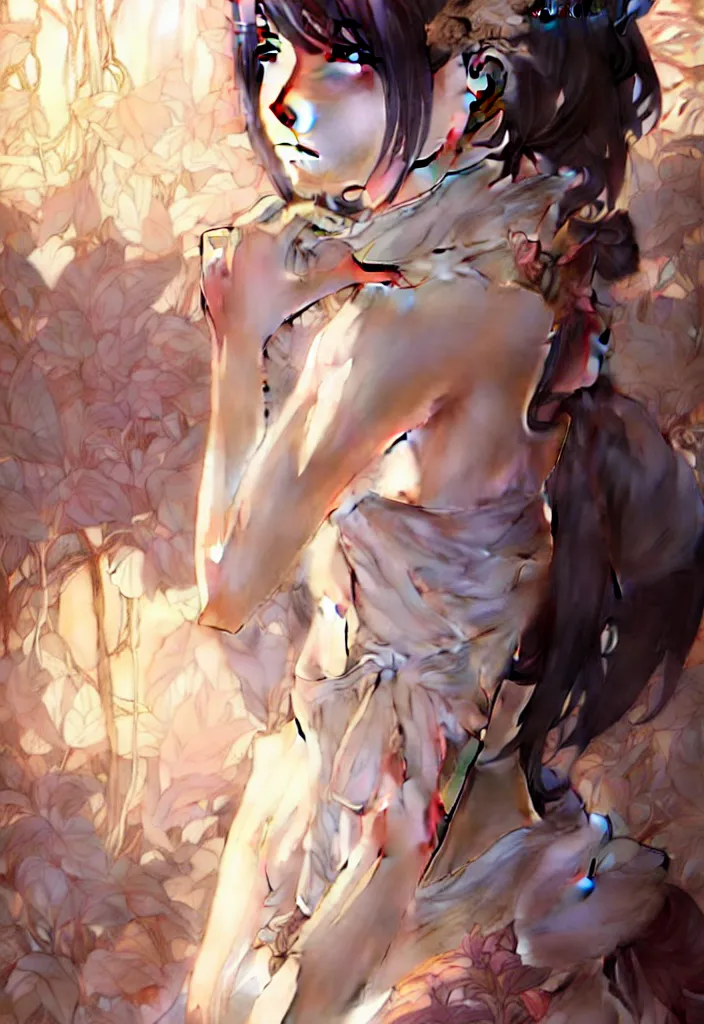 Image similar to beautiful anime female with short hair, fashion model body, in downtown Tokyo, D&D, fantasy, intricate, elegant, highly detailed, digital painting, artstation, concept art, smooth, sharp focus, illustration, art by artgerm and KyuYong Eom and WLOP and Krenz Cushart and greg rutkowski and alphonse mucha