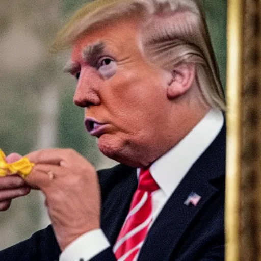 Image similar to candid portrait photo of president trump eating crumpled up wads of paper, oval office backlit