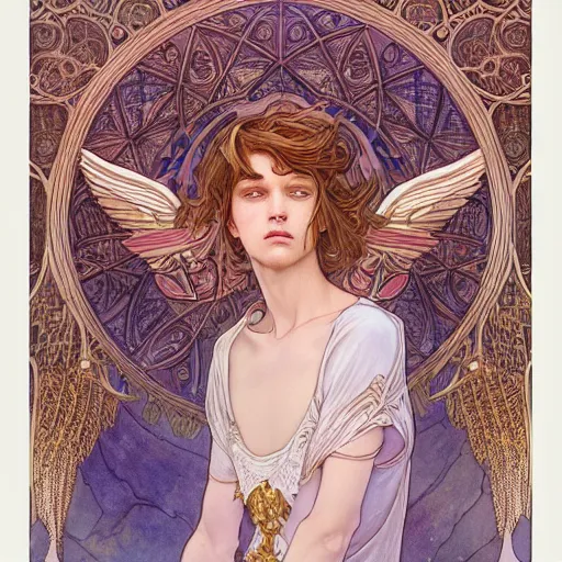 Prompt: an angelic boy, highly detailed, very intricate, art nouveau, gold filigree, romantic storybook fantasy, soft cinematic lighting, award winning, disney concept art watercolor illustration by mandy jurgens and alphonse mucha and alena aenami, pastel color palette, featured on artstation