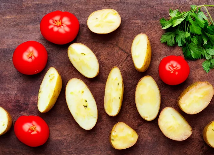 Prompt: cut potatoes and tomatoes, on a wooden board, sunlight streaming in, cookbook photography