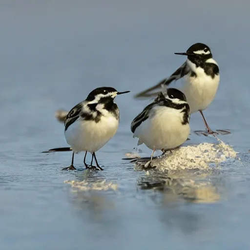 Image similar to three wagtails having a cool birthday party, photo, highly detailed