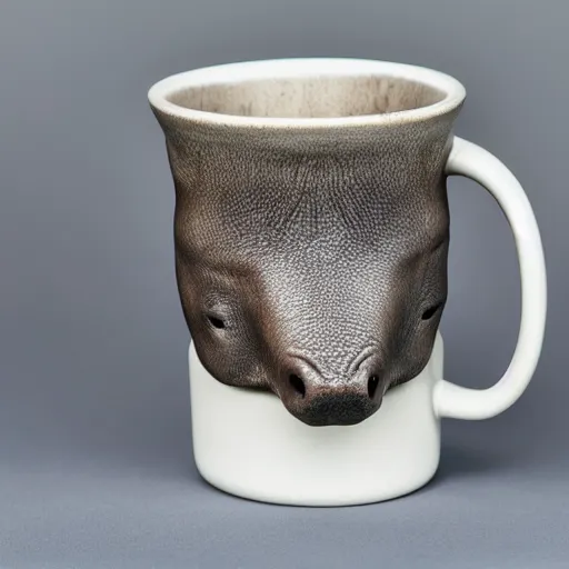 Image similar to a mug with shape of a rhino head, high quality product photography