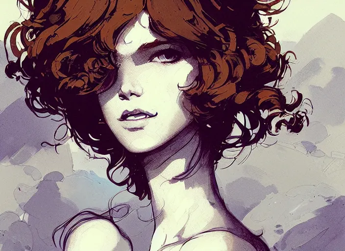 Prompt: portrait woman with short ginger curly hair in the crowd, by greg rutkowski, by greg tocchini, by james gilleard, by joe fenton, by kaethe butcher, by ashley wood, dynamic lighting, gradient light blue, brown, blonde cream and white color scheme, grunge aesthetic