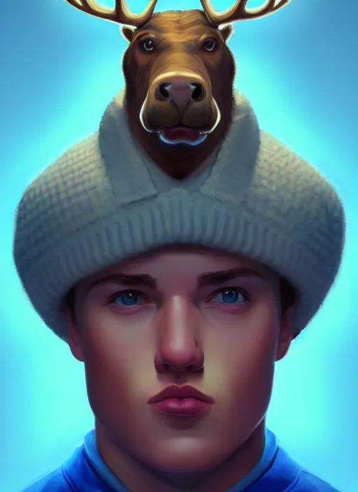 Image similar to portrait of high school senior boy named big moose, blonde short hair, jock, beefy, wide face, square jaw, square facial structure, blue varsity jacket with letter r, intricate, elegant, glowing lights, highly detailed, digital painting, artstation, concept art, sharp focus, illustration, art by wlop, mars ravelo and greg rutkowski