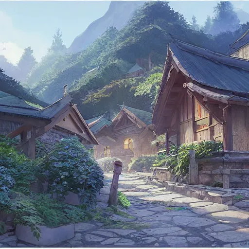 Image similar to concept art painting of a cozy village in a mountainous forested valley, historic english and european and japanese architecture, realistic, detailed, cel shaded, in the style of makoto shinkai and greg rutkowski and james gurney