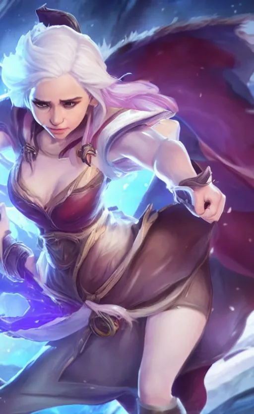 Prompt: Emilia Clarke as a character in the game League of Legends, with a background based on the game League of Legends, detailed face, old 3d graphics