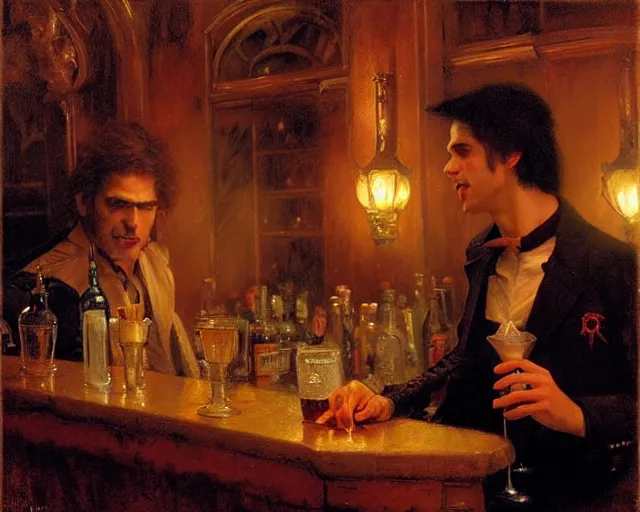 Image similar to attractive male vampire who is a russian immigrant in the new york city working as a bartender in a rock bar highly detailed painting by gaston bussiere, craig mullins, j. c. leyendecker 8 k