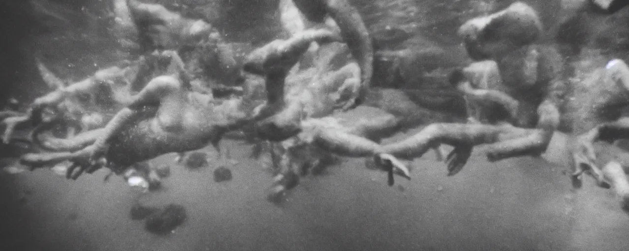 Prompt: an ultra wide colour 3 5 mm film photo of a terrifying reptile humanoid creature, lurking underwater, waiting, hiding, in a public swimming pool, liminal spaces, ritual occult gathering, film grain