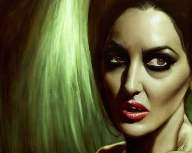 Prompt: beautiful painting of monica bellucci as sexy frankenstein's monster, realistic, shallow focus background, detailed, 8 k, artstation, dramatic lighting