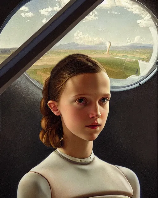 Prompt: a window - lit realistic portrait painting of a thoughtful girl resembling a young, shy, redheaded alicia vikander or millie bobby brown wearing a futuristic skintight spacesuit by a lit round space station porthole, highly detailed, intricate, by vermeer, and donato giancola