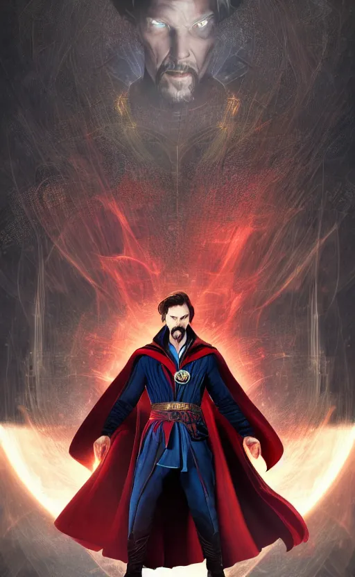 Image similar to epic doctor strange wallpaper, black and red suit, dynamic lighting, photorealistic fantasy concept art, trending on art station, stunning visuals, terrifying, creative, cinematic