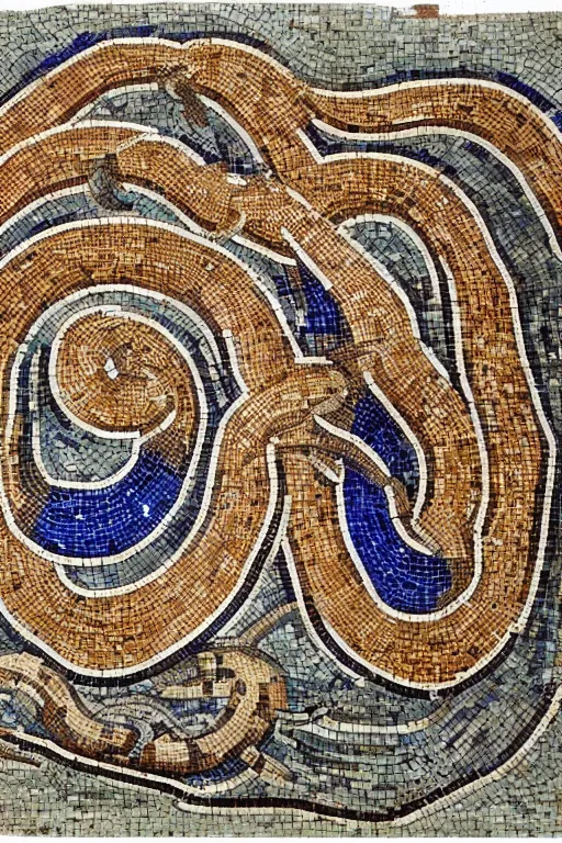 Image similar to a ceramic mosaic of a serpent, detailed faces, intricate detail, ancient babylonian art, occult art, alchemical diagram