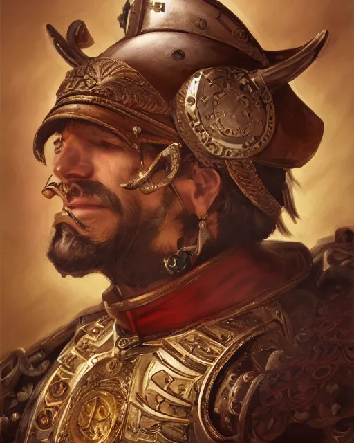 Prompt: ultrarealistic illustration of a pompous spanish conquistador by filipe pagliuso and justin gerard, symmetric, detailed, intricate, anatomy, facial features, digital painting, treasure planet color scheme, masterpiece, sharp focus