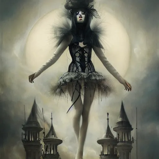 Prompt: By Tom Bagshaw, ultra realist soft painting of a curiosities carnival by night, very beautiful female dollpunk in full gothic dress, symmetry accurate features, very intricate details, omnious sky, black and white, volumetric light clouds