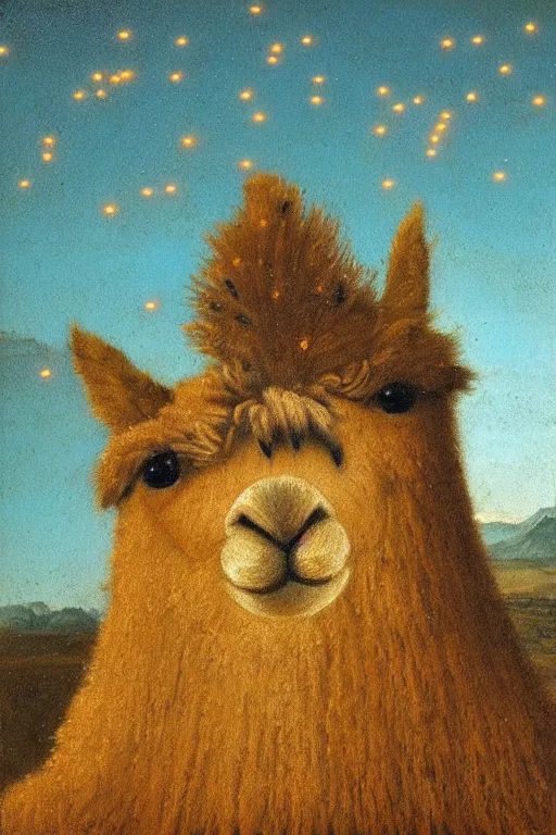 Image similar to detailed renaissance oil painting of an alpaca shaped building standing in the desert of pastel feathers lit by small fireflies at night