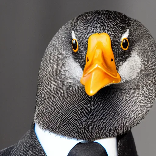 Image similar to A high detail closeup shot of a duck wearing a suit