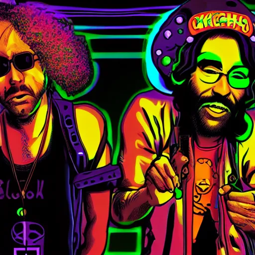 Image similar to cyberpunk Cheech & Chong getting high