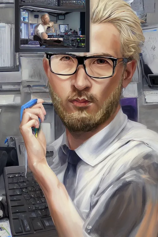 Prompt: painting of an italian man with short blonde hair and a short beard and glasses sitting at his work desk covered with tons of mobile phone screens and laptops, by artgerm and yoshitaka amano, trending on artstation