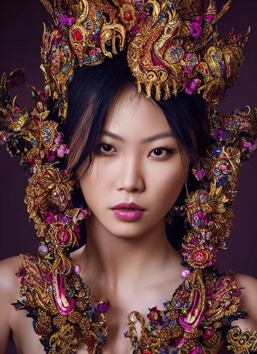 Prompt: expressive full body photo of a thai female model, ornate headpiece made from flowers, ornaments, glamour shot, by karol bak, by stefan gesell, photorealistic, canon r 3, fashion photography, hyper maximalist, elegant, ornate, luxury, elite, environmental portrait, symmetrical features, octane render, unreal engine, solid dark grey background, dramatic lights