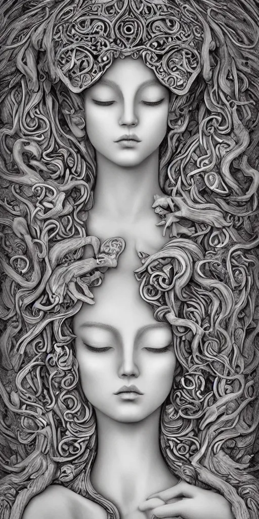 Image similar to a sculpture of mythical creatures, elegant and beautiful female face with her third eye open, carved in a stone alter, intricate, elegant, highly detailed, digital painting by audrey kawasaki, artstation, concept art, ambient occlusion, smoke, foggy vray render,