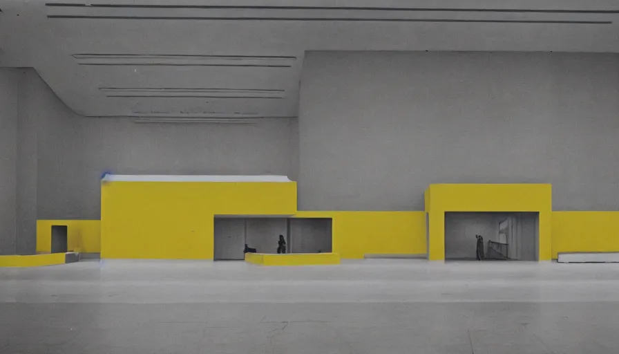 Image similar to 60s movie still of a sovietic stalinist style empty art museum with a soviet congress with yellow wall, super 8 film, liminal Space style, heavy grain