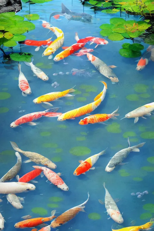 Image similar to nenufar in a pond surrounded by koi carp, colorful, blue backgroung,clean, joyful, intricate, elegant, volumetric lighting, scenery, digital painting, highly detailed, artstation, sharp focus, illustration, concept art, ruan jia, steve mccurry