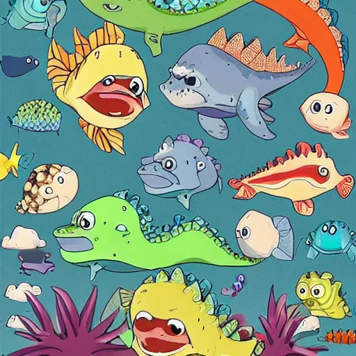 Image similar to baby fish dinosaurs cute, smiling, studio ghibli style