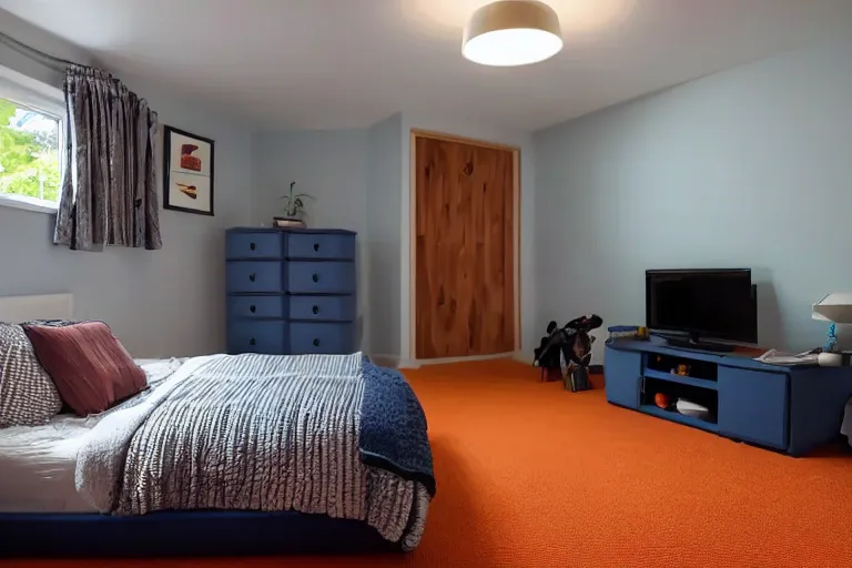 Image similar to a 10 by 11 foot room with a bed, big desk, two wooden wardrobes, a little side table in a light wood veneer, a window, desk fan, table light, and an old boxy TV carpeted with navy blue low pile carpet with a ceiling fan gives off a dim orange light, Ultra realistic