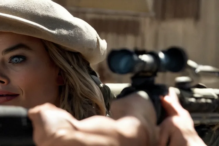 Image similar to margot robbie in the american sniper, closeup action shot, looking into the scope, cinematic