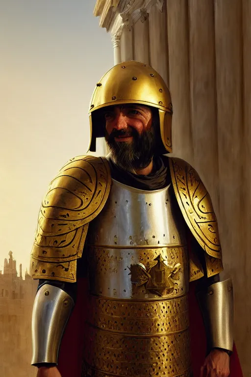 Prompt: man looking forward in decorated with gold baroque style christian crusader armor, helmet hiding all his face and white cape standing at the gates of jerusalem drawn by greg rutkowski realistic high detail