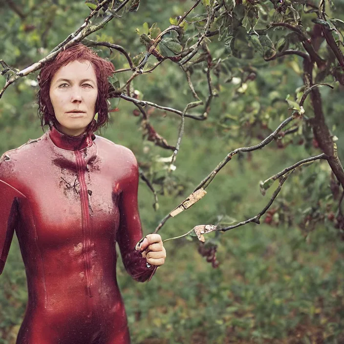 Prompt: a closeup portrait of a woman wearing a wetsuit made of rusted nails and ribbons, picking plums from a tree in an orchard, foggy, moody, photograph, by vincent desiderio, canon eos c 3 0 0, ƒ 1. 8, 3 5 mm, 8 k, medium - format print