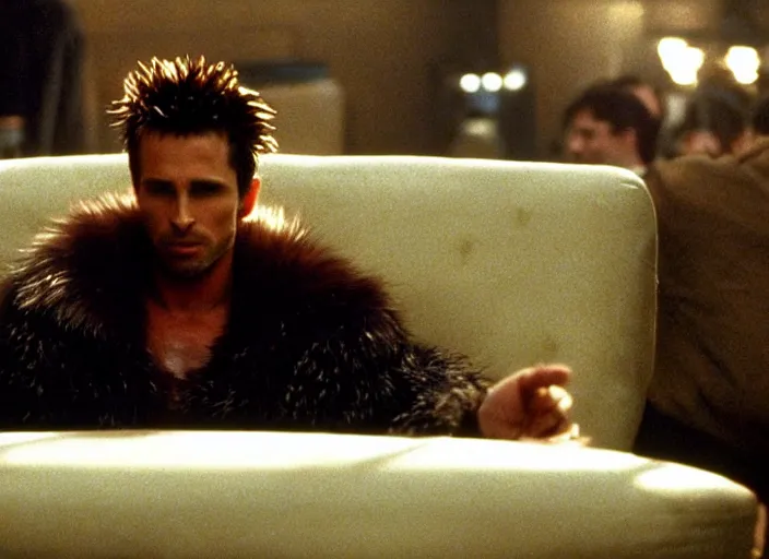 Prompt: film still of Christian Bale as Tyler Durden wearing big fur coat in Fight Club 1999