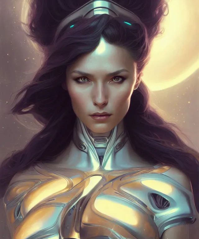 Image similar to futuristic woman portrait, sci - fi, amber eyes, face, long hair, fantasy, intricate, elegant, highly detailed, digital painting, artstation, concept art, smooth, sharp focus, illustration, art by artgerm and greg rutkowski and alphonse mucha