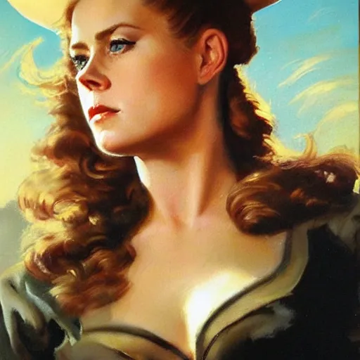 Image similar to ultra realistic portrait painting of amy adams as a western outlaw, art by frank frazetta, 4 k, ultra realistic, highly detailed, epic lighting