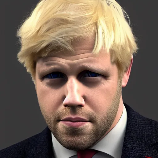 Image similar to muscular chad gigachad handsome boris johnson with thick blonde hair, boris johnson as a chad with thick blonde hair, strong jawline, good posture, and wearing a suit, realistic, hyperrealistic, 8 k resolution, highly detailed, very detailed, hd quality, intricate details, trending on artstation