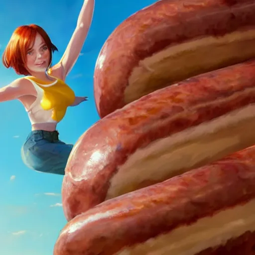 Image similar to emma stone happy to see flying big italian sausages by concept artist gervasio canda, behance hd by jesper ejsing, by rhads, makoto shinkai and lois van baarle, ilya kuvshinov, rossdraws global illumination radiating a glowing aura global illumination ray tracing hdr render in unreal engine 5