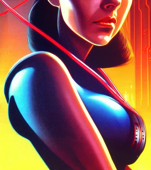 Prompt: cable plugged in, side of head, very very beautiful woman, cyberdeck computer terminal, 1 9 7 9 omni magazine cover, style by vincent di fate, cyberpunk 2 0 7 7, very coherent, detailed, 4 k resolution, unreal engine, daz