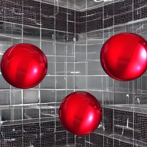Prompt: chrome spheres on a red cube, aerial view