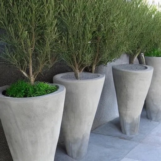 Prompt: creative concrete pots with seatings, olive trees, wpc decking on the floor