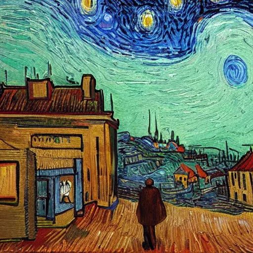 Image similar to painting of the last human on earth watching annalien invasion descending onto a city, in the style of Vincent Van Gogh and Edward Hopper