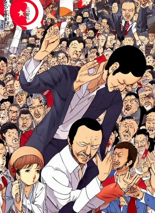 Prompt: recep tayyip erdogan manga, color, best scene, by katsuhiro otomo and hiroya oku and makoto yukimura