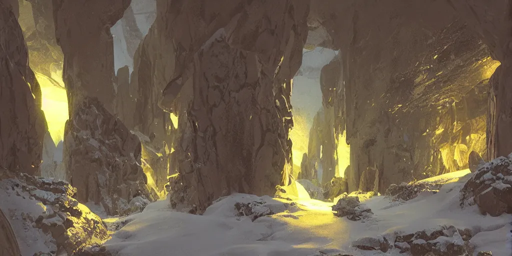 Image similar to ”snowy cavern with small shiny diamonds, light coming through, volumetric lighting, beautiful, by syd mead”