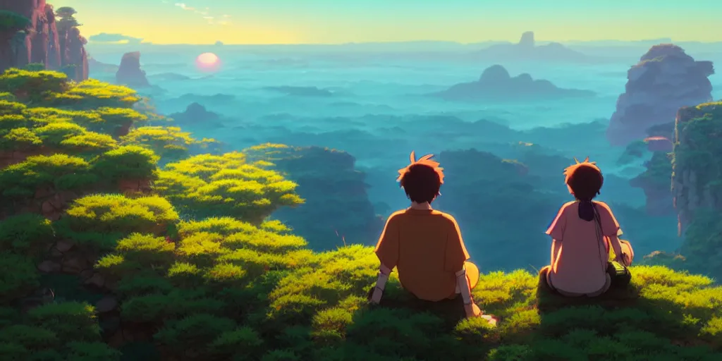 Image similar to a couple sitting over the precipice, looking at sunset, studio ghibli, pixar and disney animation, sharp, rendered in unreal engine 5, anime key art by greg rutkowski, bloom, dramatic lighting