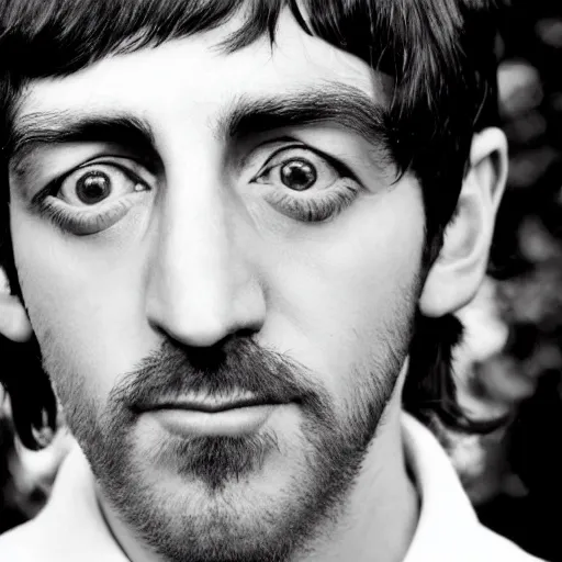 Prompt: A detailed black and white photo of all the Beatles faces combined into one person