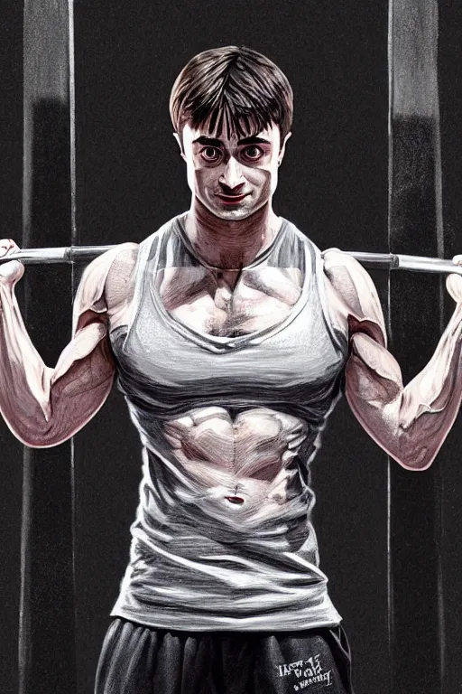 Image similar to highly detailed rendering of Daniel Radcliffe as Harry Potter doing barbell back squats, dingy workout gym, wearing a muscle tee shirt, muscular deep squats, symmetrical, highly detailed, digital painting, artstation, concept art, smooth, sharp focus, illustration, cinematic lighting, art by artgerm and greg rutkowski and alphonse mucha