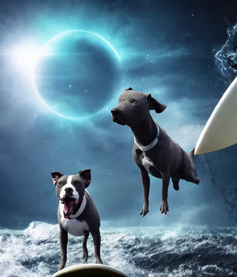 Image similar to photo of a dark gray coat pit bull with a white paws and a white nose!, surfing on a surfboard in a crashing wave of alien galaxy, trending on art station, ocean in space, background is an alien galaxy, aliens in the background, alien colors, octane render, unreal engine, wide view, 8 k, highly detailed